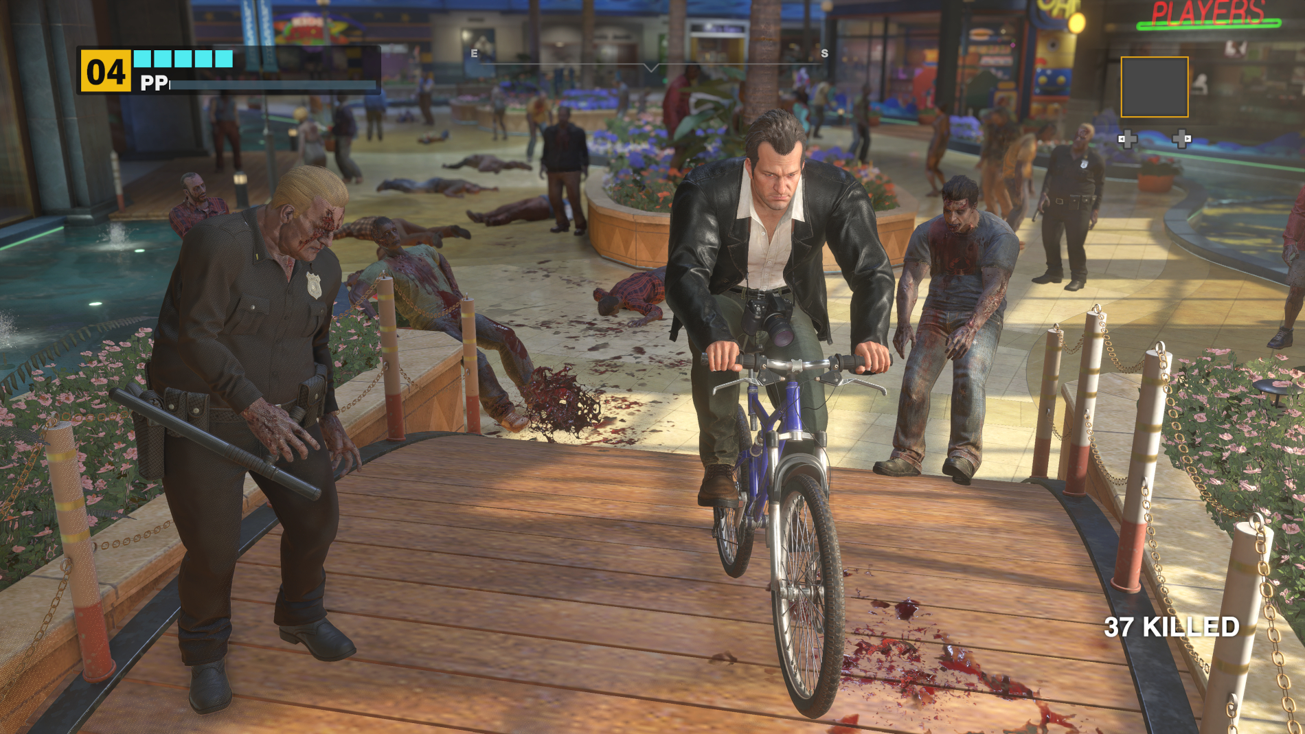 Frank West Riding a bike past a zombie in Dead Rising Deluxe Remaster