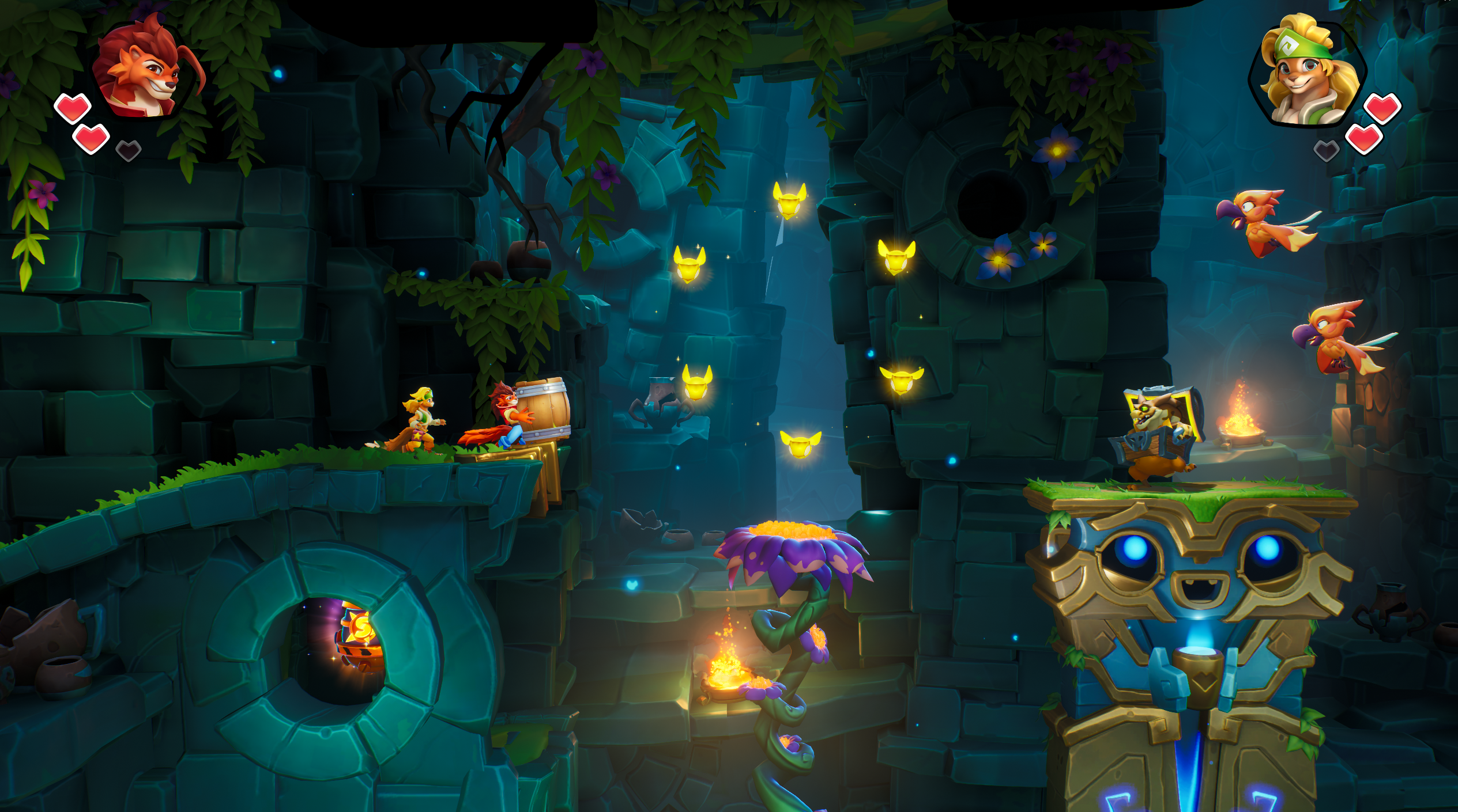 A video game screen with a dark room with a stone wall and colourful objects<br>Description automatically generated 